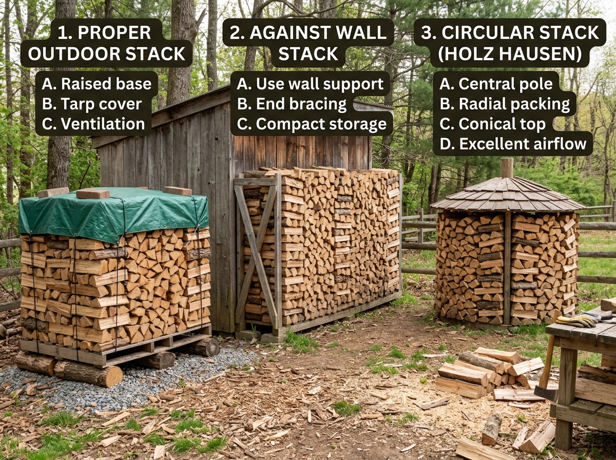 Three methods of stacking firewood shown side by side